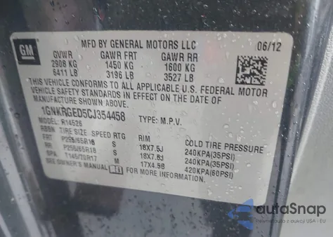 2012 Chevrolet Traverse 1Lt from USA, damaged, VIN 1GNKRGED5CJ354458